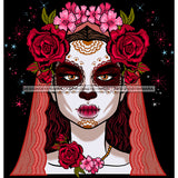 Sugar Skull Art With Red And Pink Flowers Red And Pink Scarf  JPG PNG  Clipart Cricut Silhouette Cut Cutting