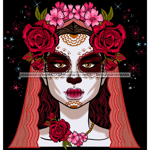 Sugar Skull Art With Red And Pink Flowers Red And Pink Scarf  JPG PNG  Clipart Cricut Silhouette Cut Cutting