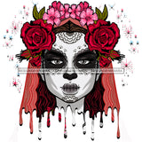 Sugar Skull Art With Red And Pink Flowers Red And Pink Scarf Dripping JPG PNG  Clipart Cricut Silhouette Cut Cutting