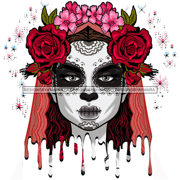 Sugar Skull Art With Red And Pink Flowers Red And Pink Scarf Dripping JPG PNG  Clipart Cricut Silhouette Cut Cutting