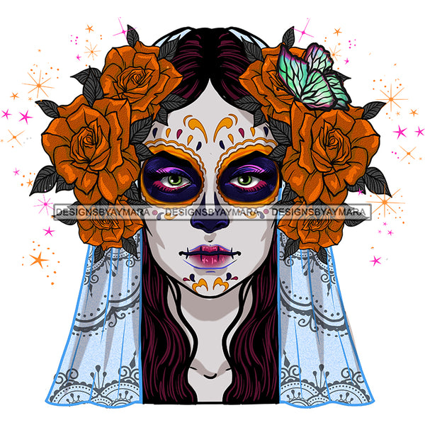 Sugar Skull Art Orange Flowers  JPG PNG  Clipart Cricut Silhouette Cut Cutting