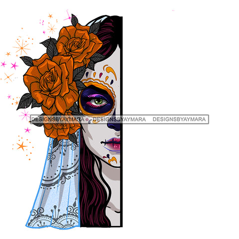 Sugar Skull Art Orange Flowers Half Face JPG PNG  Clipart Cricut Silhouette Cut Cutting