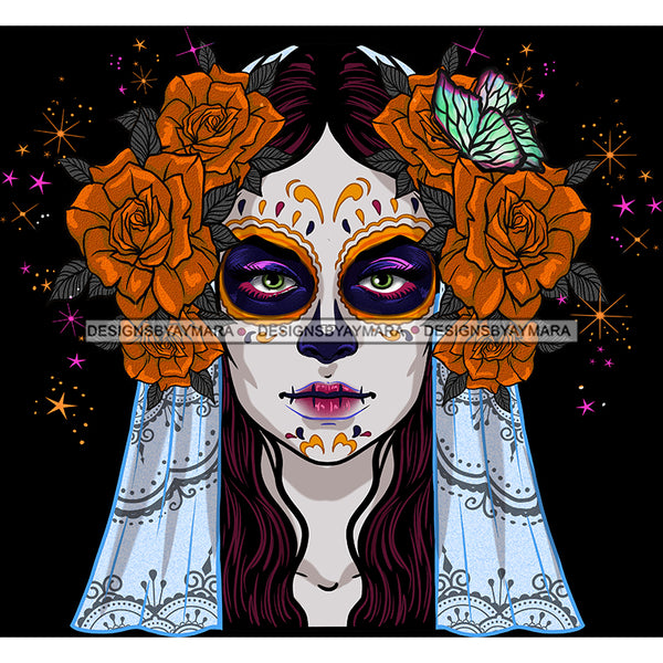 Sugar Skull Art Orange Flower Full Face Purple Makeup JPG PNG  Clipart Cricut Silhouette Cut Cutting