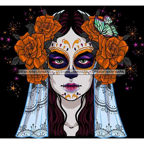 Sugar Skull Art Orange Flower Full Face Purple Makeup JPG PNG  Clipart Cricut Silhouette Cut Cutting