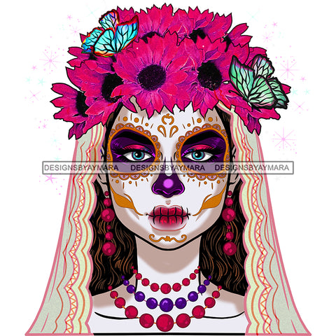 Sugar Skull Art Pink Flowers Butterflies JPG PNG  Clipart Cricut Silhouette Cut Cutting