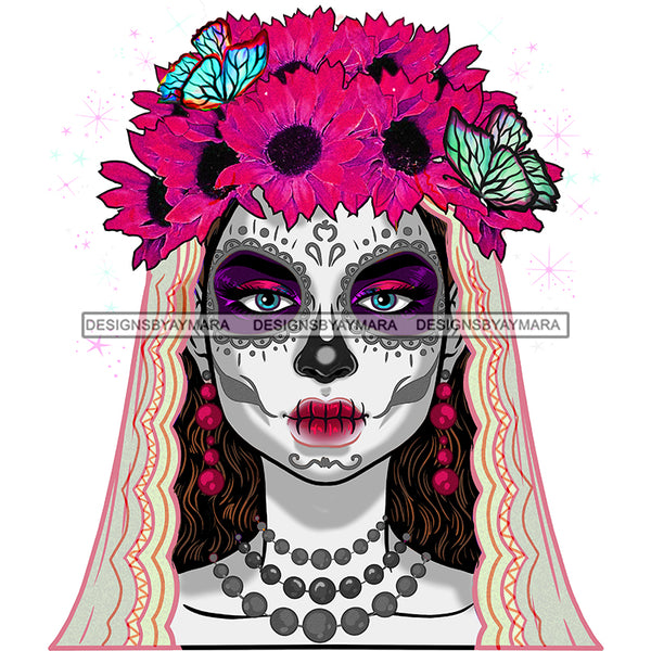 Sugar Skull Art Face Pink Flowers  JPG PNG  Clipart Cricut Silhouette Cut Cutting