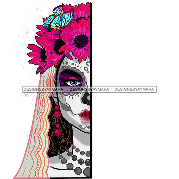 Sugar Skull Art Half Face Pink Flowers  JPG PNG  Clipart Cricut Silhouette Cut Cutting