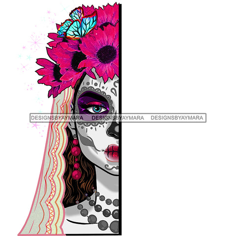 Sugar Skull Art Half Face Pink Flowers  JPG PNG  Clipart Cricut Silhouette Cut Cutting