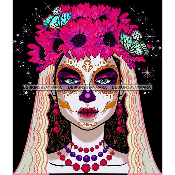 Sugar Skull Art Face Pink Flowers And Butterflies JPG PNG  Clipart Cricut Silhouette Cut Cutting