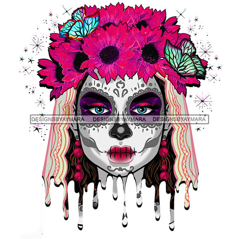 Sugar Skull Art Face Pink Flowers And Butterflies Dripping JPG PNG  Clipart Cricut Silhouette Cut Cutting