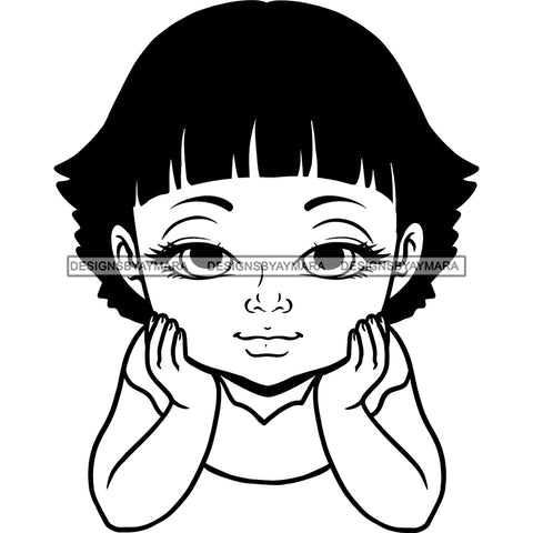 Adorable Baby Asian Girl Afro Puff Child Kids Children Infant Hand In Face Toddler Innocent Love Cute Childhood, Happy Joy Smile SVG JPG PNG Vector Clipart Cricut Silhouette Cut Cutting