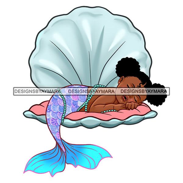 Cute Melanin Baby Girl Sleeping Mermaid In Shell Afro Puffs  JPG PNG  Clipart Cricut Silhouette Cut Cutting