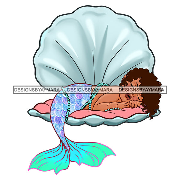 Cute Melanin Baby Girl Sleeping Mermaid In Shell   JPG PNG  Clipart Cricut Silhouette Cut Cutting