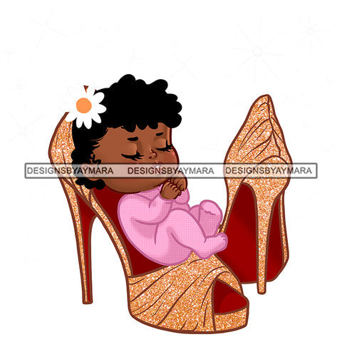 Cute Melanin Baby Girl Sleeping In Gold Heels Shoes   JPG PNG  Clipart Cricut Silhouette Cut Cutting