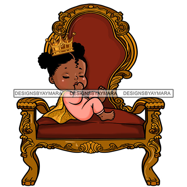 Cute Melanin Baby Princess In Pink In Queens Chair Gold Cape Gold Crown  JPG PNG  Clipart Cricut Silhouette Cut Cutting