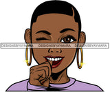 Cute Lola Winking Touching Teeth Playful Gesture Hoop Earrings Short Hairstyle SVG JPG PNG Vector Clipart Cricut Silhouette Cut Cutting