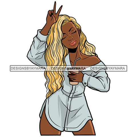 Melanin Sexy Woman Coffee Mug Blonde Hair Big Shirt Nubian Black Girl Magic SVG JPG PNG Vector Clipart Cricut Silhouette Cut Cutting