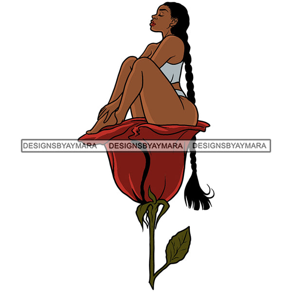 Melanin Woman Sitting Rose Flower Long Braid Hair Nubian Black Girl Magic SVG JPG PNG Vector Clipart Cricut Silhouette Cut Cutting