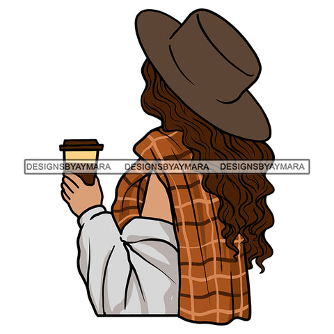 Woman Drinking Coffee Winter Hat Scarf Brown Hair SVG JPG PNG Vector Clipart Cricut Silhouette Cut Cutting