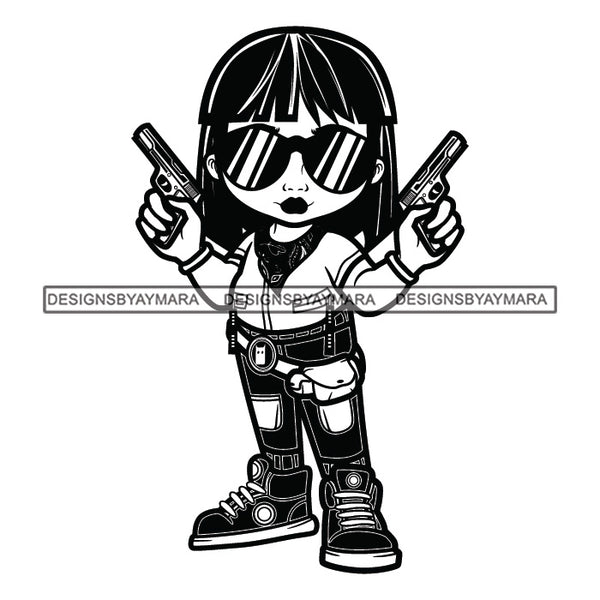 Cute Afro Girl Urban Hipster Girl Tomboy Cowboy Girl Holding Pistols Dark Glasses Investigator Under Cover Joggers Sneakers Dyed Hairstyle Swag Fashion B/W SVG JPG PNG Vector Clipart Cricut Silhouette Cut Cutting