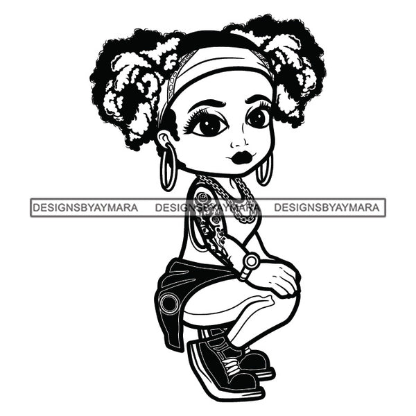 Cute Afro Girl Urban Hipster Squatting Tattoo Headband Joggers Sneakers Afro Puff Ponytails Hairstyle Swag Fashion SVG JPG PNG Vector Clipart Cricut Silhouette Cut Cutting