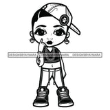 Cute Afro Girl Urban Hipster Girl Tomboy Baseball Hat Gold Chain Joggers Sneakers Dyed Bangs Hairstyle Swag Fashion B/W SVG JPG PNG Vector Clipart Cricut Silhouette Cut Cutting