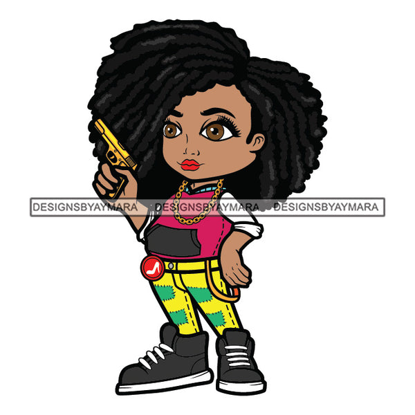 Cute Afro Girl Urban Hipster Girl Tomboy Cowboy Girl Holding Pistols Joggers Sneakers Dreadlocks Hairstyle Swag Fashion SVG JPG PNG Vector Clipart Cricut Silhouette Cut Cutting