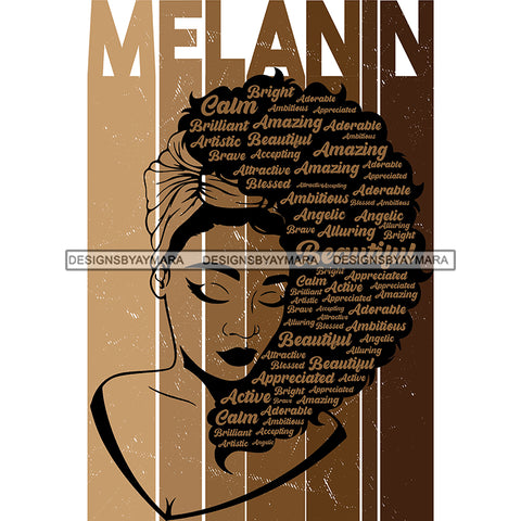 Melanin Queen In Brown With Words In Her Hair  SVG JPG PNG Vector Clipart Cricut Silhouette Cut Cutting