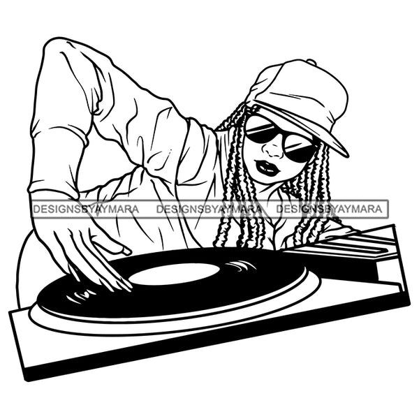 DJ Woman Music Disc Scratching Night Club Dreadlocks Locs Dreads Hairstyle Sisterlocks Melanin Nubian Black Girl Magic SVG JPG PNG Vector Clipart Cricut Silhouette Cut Cutting
