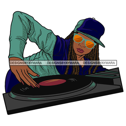 DJ Woman Music Disc Scratching Night Club Dreadlocks Locs Dreads Hairstyle Sisterlocks Melanin Nubian Black Girl Magic SVG JPG PNG Vector Clipart Cricut Silhouette Cut Cutting