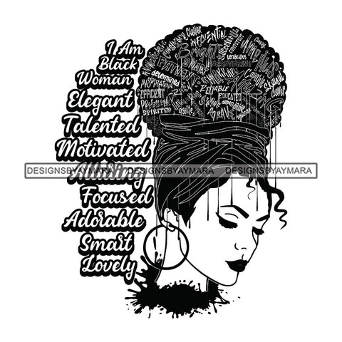 Black Diva Goddess Motivational Hair Quotes I Am Beautiful Dripping Splash Earrings B/W SVG JPG PNG Vector Clipart Cricut Silhouette Cut Cutting
