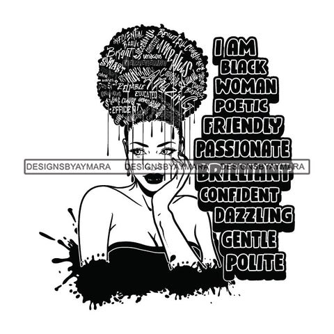 Black Diva Goddess Motivational Hair Quotes I Am Friendly Dripping Splash B/W SVG JPG PNG Vector Clipart Cricut Silhouette Cut Cutting