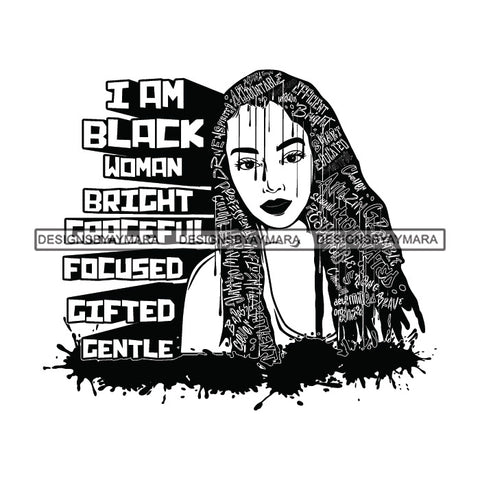 Black Diva Goddess Motivational Hair Quotes I Am Powerful Dripping Splash B/W SVG JPG PNG Vector Clipart Cricut Silhouette Cut Cutting