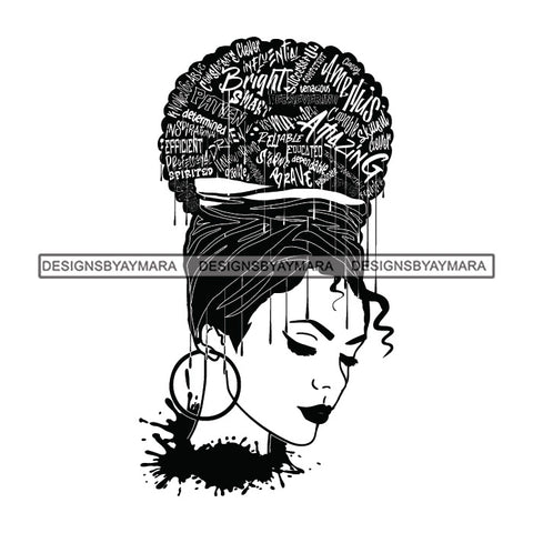 Black Diva Goddess Beautiful Motivational Hair Quotes Dripping Splash Earrings B/W SVG JPG PNG Vector Clipart Cricut Silhouette Cut Cutting