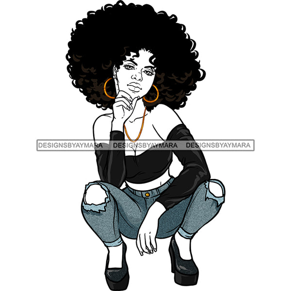 Sassy Black Woman Big Curly Afro Stooping JPG  PNG Clipart Cricut Silhouette Cut Cutting