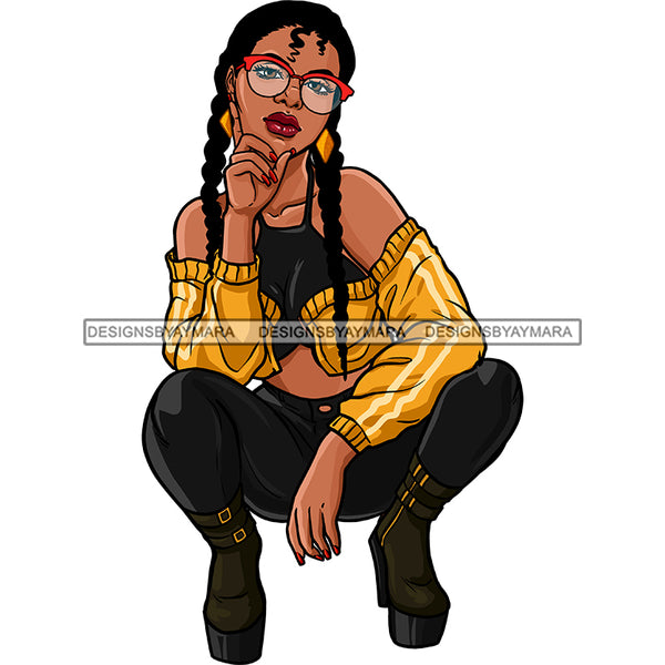 Sassy Black Woman Stooping With Braids In Color JPG  PNG Clipart Cricut Silhouette Cut Cutting