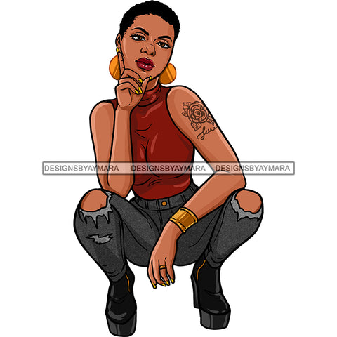Sassy Black Woman Stooping With Short Afro In  Color Tattoo JPG  PNG Clipart Cricut Silhouette Cut Cutting