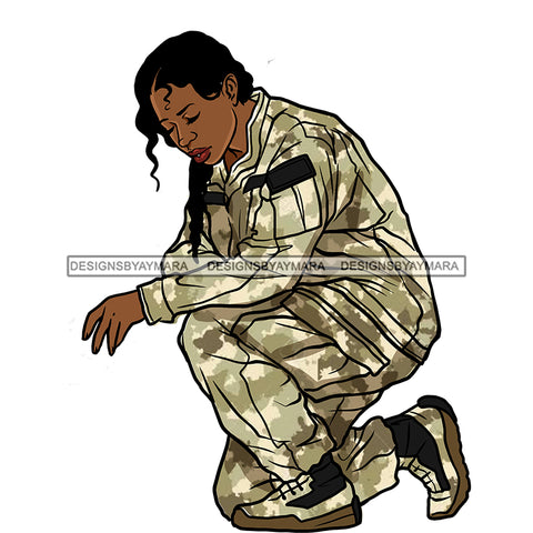 Military Woman Female Sister Kneeling Hat Off Praying Tan Camouflage Clothing Camo Military Gear Uniform Soldier Eyes Closed Boots Arms Crossed Graphic  Skillz JPG PNG  Clipart Cricut Silhouette Cut Cutting