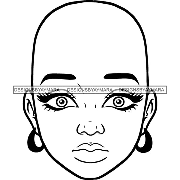Bald Black Woman Face Astonished Amazed Facial Expression Illustration B/W SVG JPG PNG Vector Clipart Cricut Silhouette Cut Cutting