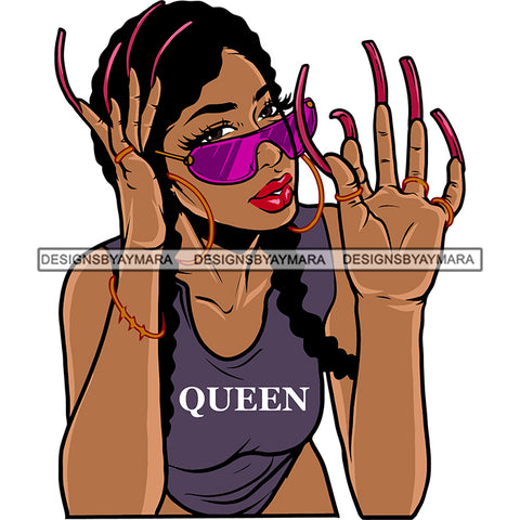 Queen Quote African American Woman Hand Holding Sunglasses Hoop Earing Long Nail Afro Woman Sexy Pose White Background SVG JPG PNG Vector Clipart Cricut Silhouette Cut Cutting