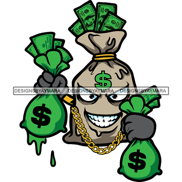 Money Bag Cartoon Character Hand Holding Double Money Bag Color Dripping And Smile Face Wearing Gold Chain Dollar Sign On Head SVG JPG PNG Vector Clipart Cricut Silhouette Cut Cutting
