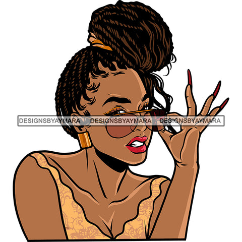 Gangster African American Woman Angry Face Afro Woman Hand Holding Sunglass Curly Hairstyle Vector Design Element White Background SVG JPG PNG Vector Clipart Cricut Silhouette Cut Cutting