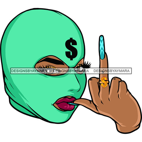African American Woman Wearing Ski Mask Green Color Showing Middle Finger Dollar Sign Ring On Finger Design Element Vector SVG JPG PNG Vector Clipart Cricut Silhouette Cut Cutting