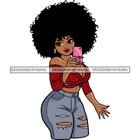 Sexy African American Woman Hand Holding Phone Puffy Hairstyle Design Element Smile Face White Background vector SVG JPG PNG Vector Clipart Cricut Silhouette Cut Cutting