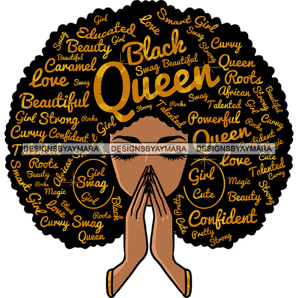 Black Queen Quote Hard Praying Hand African American Woman Wearing Hoop Earing Vector Design Element Afro Girl Cute Face SVG JPG PNG Vector Clipart Cricut Silhouette Cut Cutting