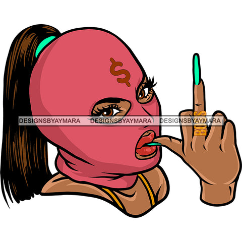 Gangster African American Woman Wearing Ski Mask Showing Middle Finger Dollar Sign On Hat Long Hairstyle SVG JPG PNG Vector Clipart Cricut Silhouette Cut Cutting