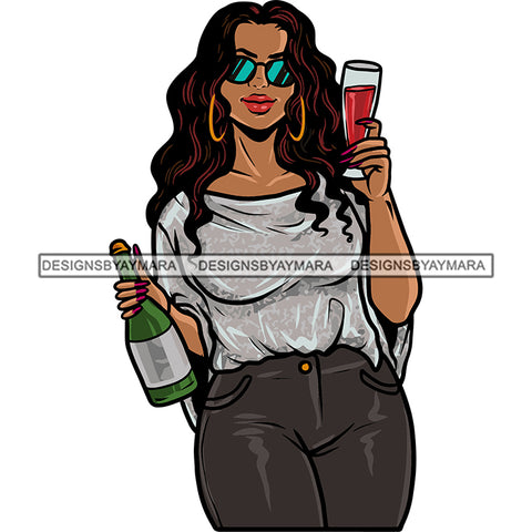 African American Woman Hand Holding Wine Bottle And Glass Vector Design Element Party Time Wearing Sunglass And Hoop Earing SVG JPG PNG Vector Clipart Cricut Silhouette Cut Cutting