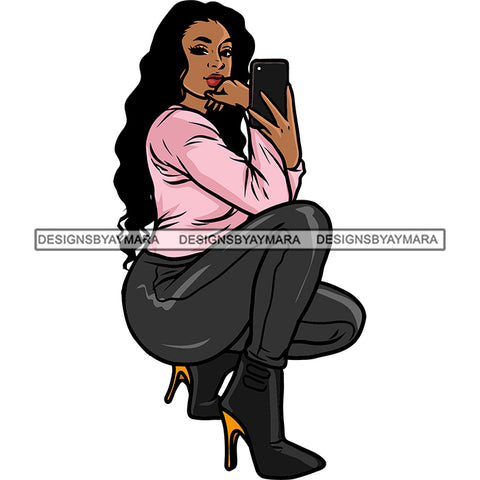 Beautiful Woman Take Selfie Pose African American Woman Sitting Vector Locus Hairstyle Design Element SVG JPG PNG Vector Clipart Cricut Silhouette Cut Cutting