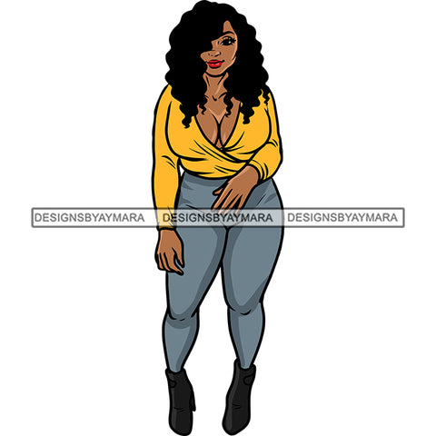 Plus Size Woman Standing Woman Smile Face Curly Long Hairstyle Design Element White Background Sexy Body Pose Vector SVG JPG PNG Vector Clipart Cricut Silhouette Cut Cutting