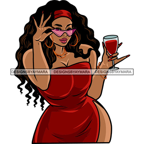 African American Woman Hand Holding Wine Glass And Sunglass Curly Hairstyle Hoop Earing Beautiful Woman Face White Background SVG JPG PNG Vector Clipart Cricut Silhouette Cut Cutting